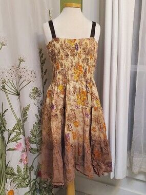 Beige Floral Smocked Sundress with Purple & Yellow Accents 3x